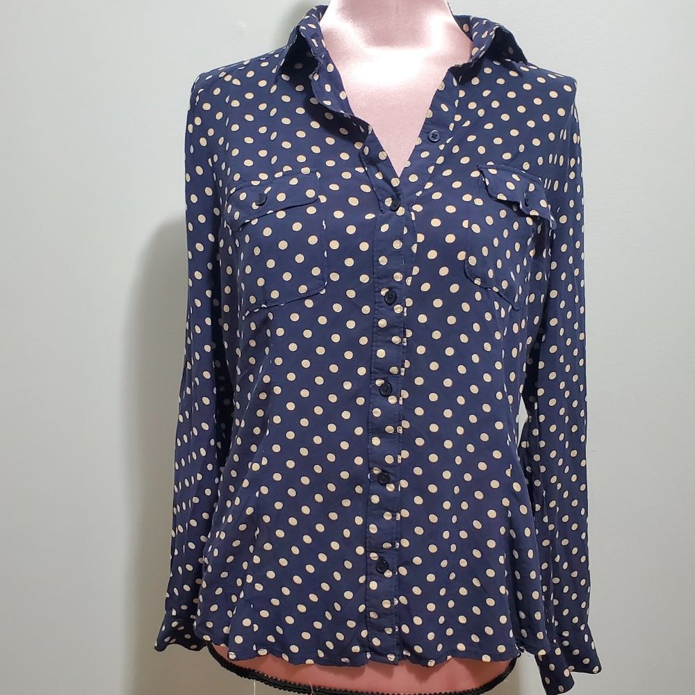 Loft Navy Blouse with Tan Polka Dots